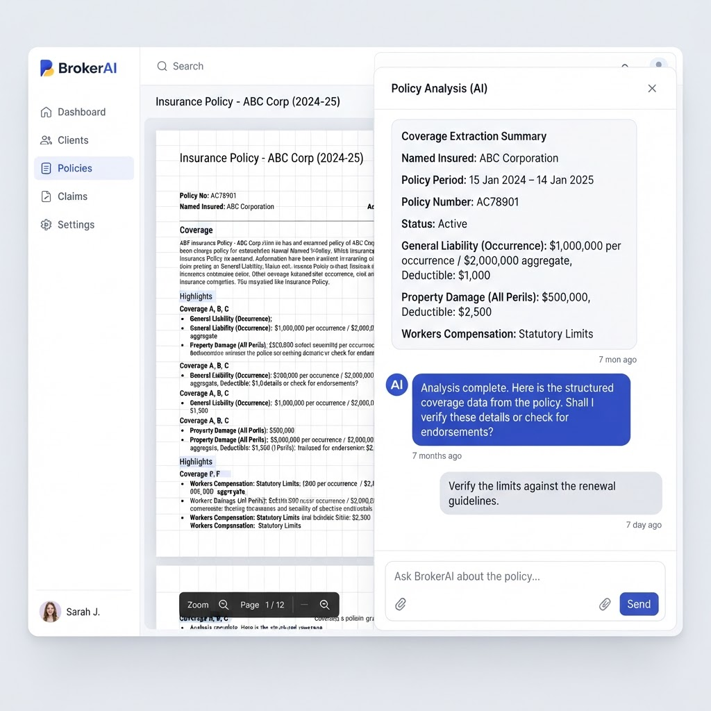 BrokerAI AI agent extracting structured coverage data from a policy document
